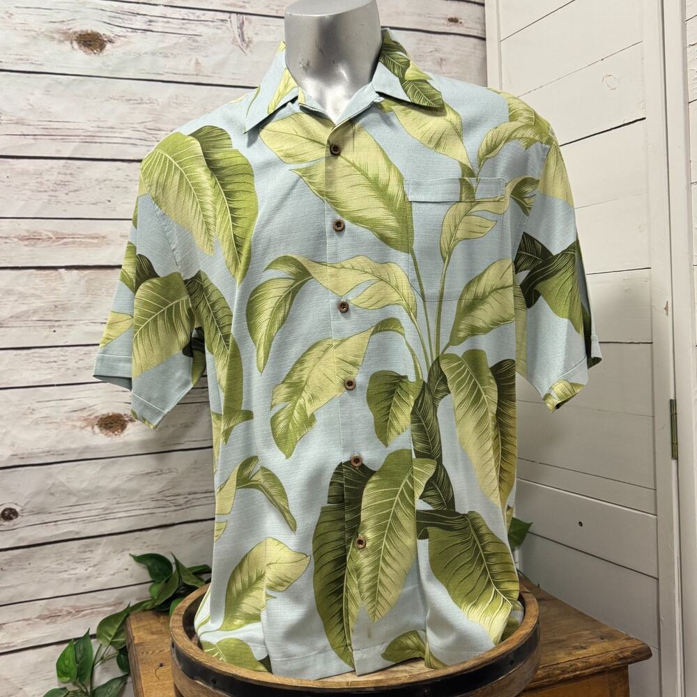 Jamaica Jaxx Hawaiian Camp Shirt Mens XL Wooden Button Short Sleeve Blue Green